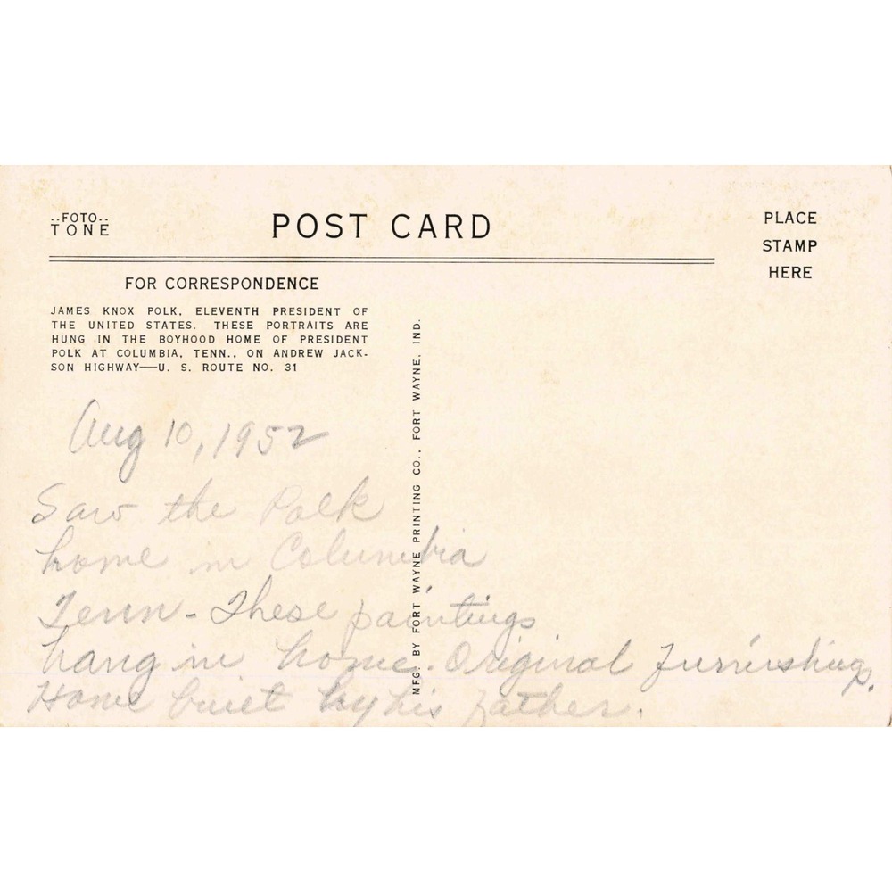 Vintage 1952 President James Knox Polk & Mrs Polk Foto-Tone Postcard B-134 VG - Picture 2 of 2